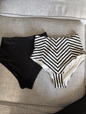 High-Waist Bikini Bottoms Duo - Black & Black/White Stripe